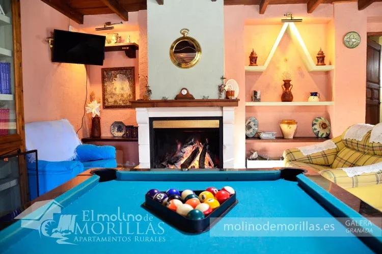 Imagen de Salón lounge con billar, tv y chimenea
